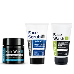 Ustraa Men Set Acne Control Face Wash, De-Tan Face Scrub & Strong Hold Wet Look Hair Wax image 1