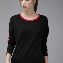 Roadster Women Black Solid Round Neck Pure Cotton T-shirt with Striped Detailing-picture-18