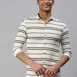 SHOWOFF Men Cream-Coloured & Black Classic Slim Fit Horizontal Striped Casual Shirt-picture-10
