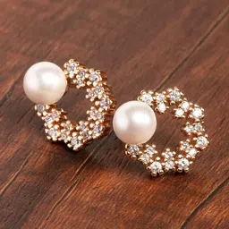 Zaveri Pearls Off-White Gold-Plated CZ-Studded Beaded Circular Studs image 3