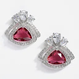 DressBerry Silver-Toned & Red Rhodium-Plated American Diamond Triangular Studs Earrings image 1