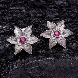 PANASH Silver-Toned & Pink Floral Studs-picture-39