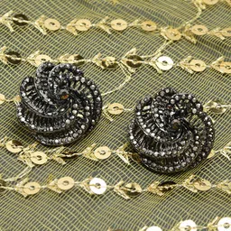 Zaveri Pearls Oxidised Silver-Plated Stone-Studded Floral Studs image 3