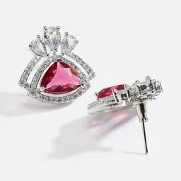 DressBerry Silver-Toned & Red Rhodium-Plated American Diamond Triangular Studs Earrings image 2