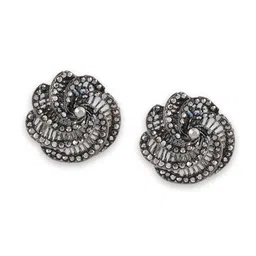 Zaveri Pearls Oxidised Silver-Plated Stone-Studded Floral Studs image 2