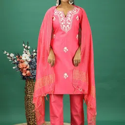 Ethnovog Floral Embroidered Notch-Neck Staright Kurta With Trousers And Dupatta-image-99