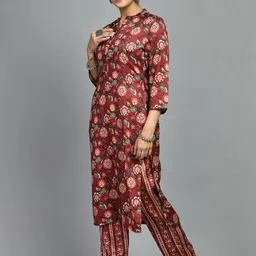 MEESAN Floral Printed Mandarin Collar Woolen Kurta with Trousers image 4