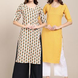 7threads KALINI Women  Pack of 2 Beige & Yellow Ethnic Motifs Printed Crepe Kurta-picture-1