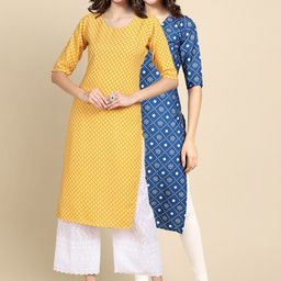 7threads KALINI Women Pack of 2 Yellow & Blue Ethnic Motifs Printed Summer Sheers Crepe Kurta-picture-7