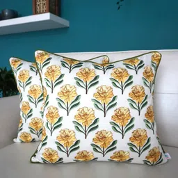 TARA- Sparkling Homes Yellow 2 Pieces Cotton Silk Embroidered Square Cushion Covers image 1