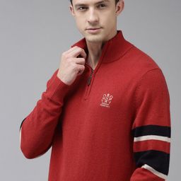u.s. polo assn. denim co. U S Polo Assn Denim Co Men Red Solid Mock-Collar Pullover Sweater With Contrast Detail-picture-42