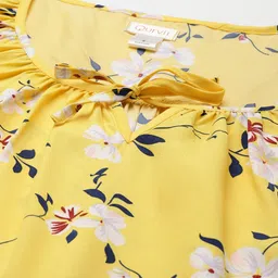 Qurvii Yellow & White Floral Tie-Up Neck Crepe Regular Top image 2