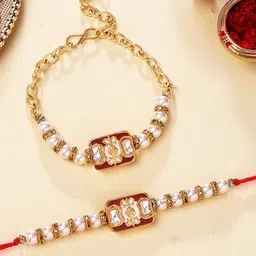 KARATCART Gold Plated Enamel and Pearl Kundan Bhiya Bhabhi Thread Rakhi with Roli & Chawal image 1