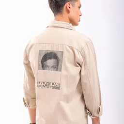 The Indian Garage Co Men Peach-Coloured Back Graphic Print Twill Slim Fit Cotton Shirt-image-4