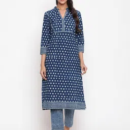 SAVI Ethnic Motifs Printed Pure Cotton Straight Kurta With Trousers-image-10