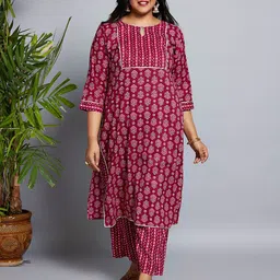 Globus Gloplus Keyhole Neck Floral Print Gotta Lace Straight Plus Size Kurta & Trousers-picture-28