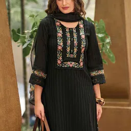 Indo Era Women Floral Regular Thread Work Linen Kurta with Trousers & With Dupatta-picture-17