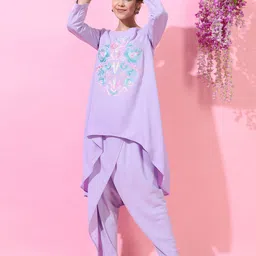 Vishudh Women Mauve Floral Embroidered Panelled Kurta with Trousers & With Dupatta-picture-2