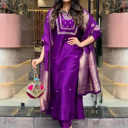 GoSriKi Women Ethnic Motifs Embroidered Regular Kurta with Trousers & With Dupatta-image-93