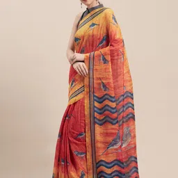 Rajnandini Red & Yellow Cotton Blend Printed Saree image 4