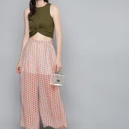 SASSAFRAS Women White & Orange Regular Fit Printed Parallel Trousers image 2