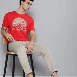 HERE&NOW Men Red & Grey Printed Pure Cotton T-shirt image 3