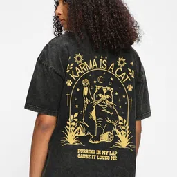 Bewakoof Karma is a Cat Graphic Printed Drop-Shoulder Sleeves Oversized Cotton T-shirt image 1