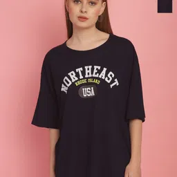 mack jonney VIMAL JONNEY Women Pack Of 2 Typography Printed Drop-Shoulder Sleeves Oversized T-shirts image 1