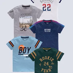 BAESD Boys Pack of 5 Typography Printed Round Neck Pure Cotton T-shirts image 1