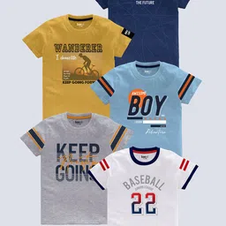 BAESD Boys Pack of 5 Typography Printed Round Neck Pure Cotton T-shirts image 1