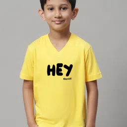 Friskers Boys Yellow Typography Printed V-Neck Applique T-shirt image 1