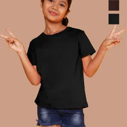 NUSYL Girls Pack Of 2 Solid Round Neck Cotton T-shirts-picture-35