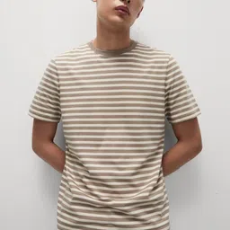 Marks & Spencer Men Striped Round Neck Cotton T-shirt image 1
