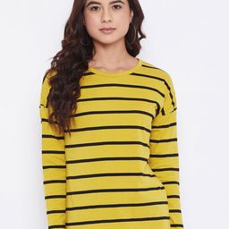 Hypernation Women Yellow & Black Striped Slim Fit Cotton T-shirt-picture-49