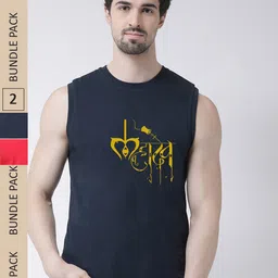 Friskers Pack Of 2 Typography Printed Sleeveless Pure Cotton Slim Fit T-shirt-picture-25