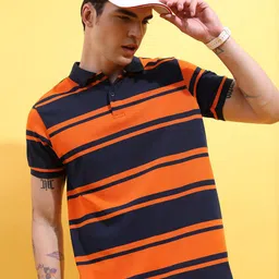 HIGHLANDER Navy Blue Striped Polo Collar Slim Fit T-Shirt-picture-14