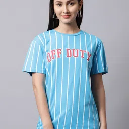 DOOR74 Women Blue Printed Cotton T-shirt-image-11
