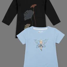 HELLCAT Girls Black & Blue Set Of 2 Printed Cotton T-shirt image 1