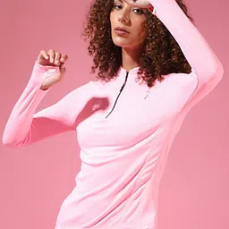 Campus Sutra Women Pink Henley Neck Slim Fit T-shirt-image-85