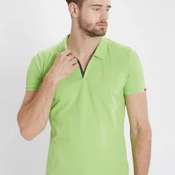 Status Quo Men Lime Green Polo Collar Slim Fit Cotton T-shirt-image-0