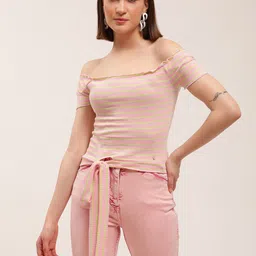 ELLE Pink Women Striped Off-Shoulder Cotton Top-picture-44