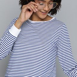 HERE&NOW Women White & Blue Striped Round Neck T-shirt-picture-8