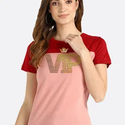 shashvi Women Peach-Coloured & Red Colourblocked T-shirt-image-94