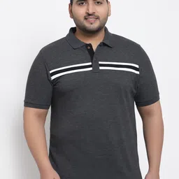 Kalt Men Plus Size Grey Melange & White Striped Polo Collar T-shirt-image-48