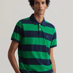 GANT Men Green & Navy Blue Striped Polo Collar T-shirt-picture-28