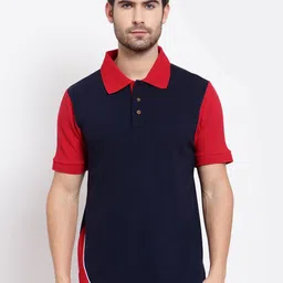 Kalt Men Navy Blue & Red Colourblocked Polo Collar T-shirt-picture-41