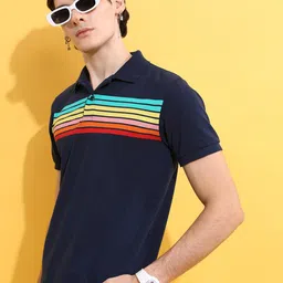 HIGHLANDER Navy Blue Striped Polo Collar Slim Fit T-Shirt-picture-44