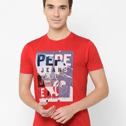 Pepe Jeans Men Red & Blue Brand Logo Printed Slim Fit Pure Cotton T-shirt-picture-24