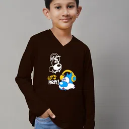Friskers Boys Brown Printed V-Neck Pockets Slim Fit T-shirt-picture-29