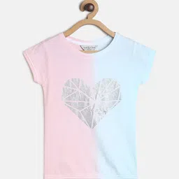 TALES & STORIES Girls Peach-Coloured & Blue Printed Slim Fit Cotton T-shirt-picture-45